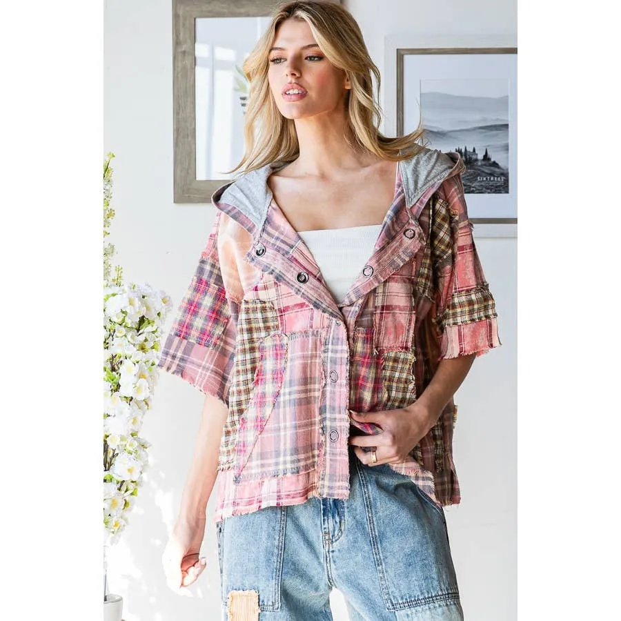 Pink Washed Plaid Mix Button Down Oli Hali Hoodie