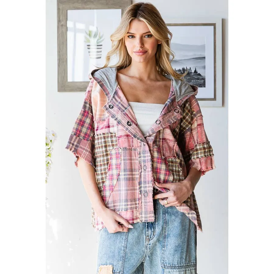 Pink Washed Plaid Mix Button Down Oli Hali Hoodie