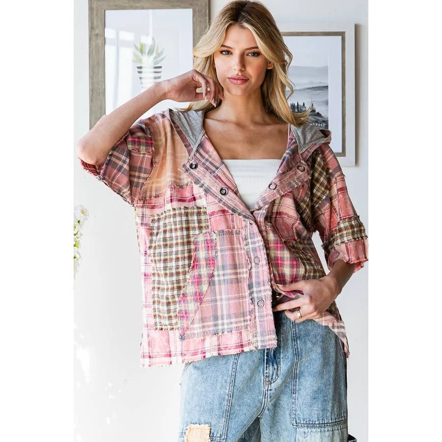 Pink Washed Plaid Mix Button Down Oli Hali Hoodie