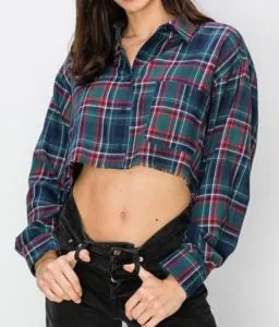 Plaid Long Sleeve Button Down Collar Fringe Hem Crop Top