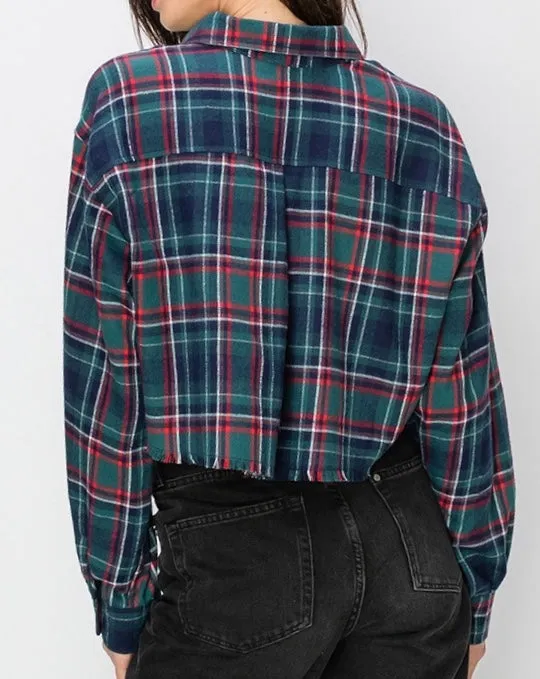Plaid Long Sleeve Button Down Collar Fringe Hem Crop Top