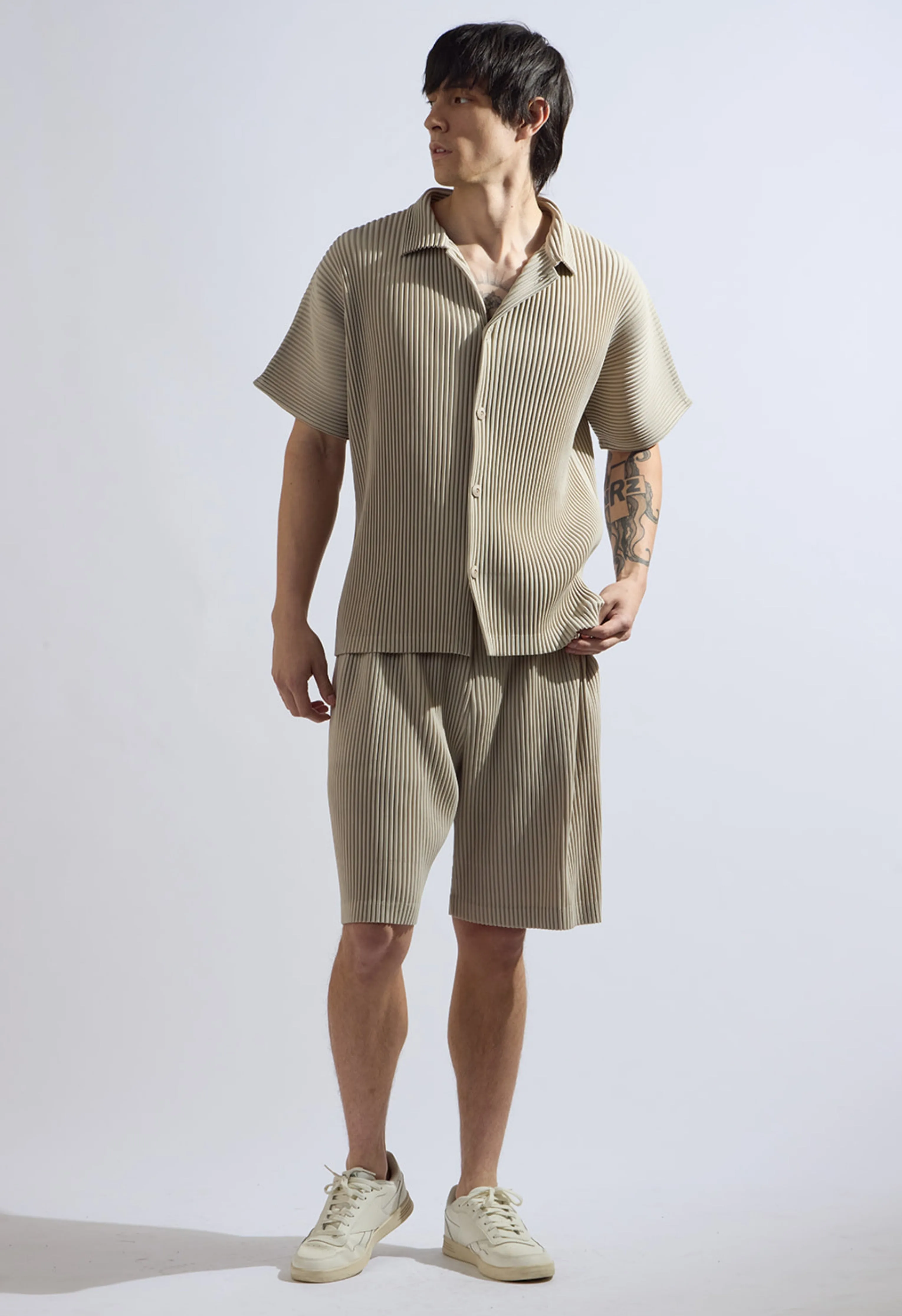 Pleated Short Sleeve Button Down in Beige