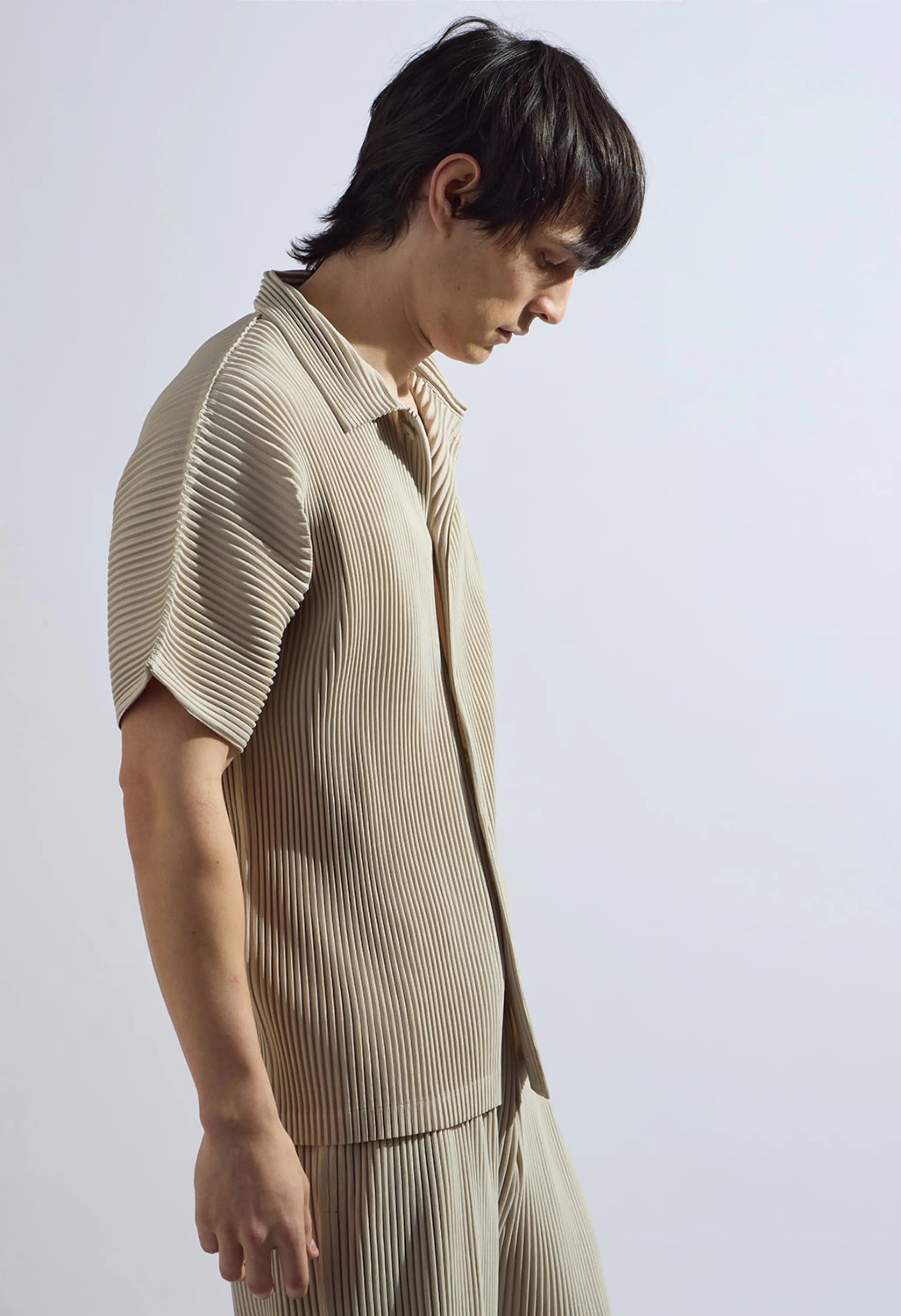 Pleated Short Sleeve Button Down in Beige