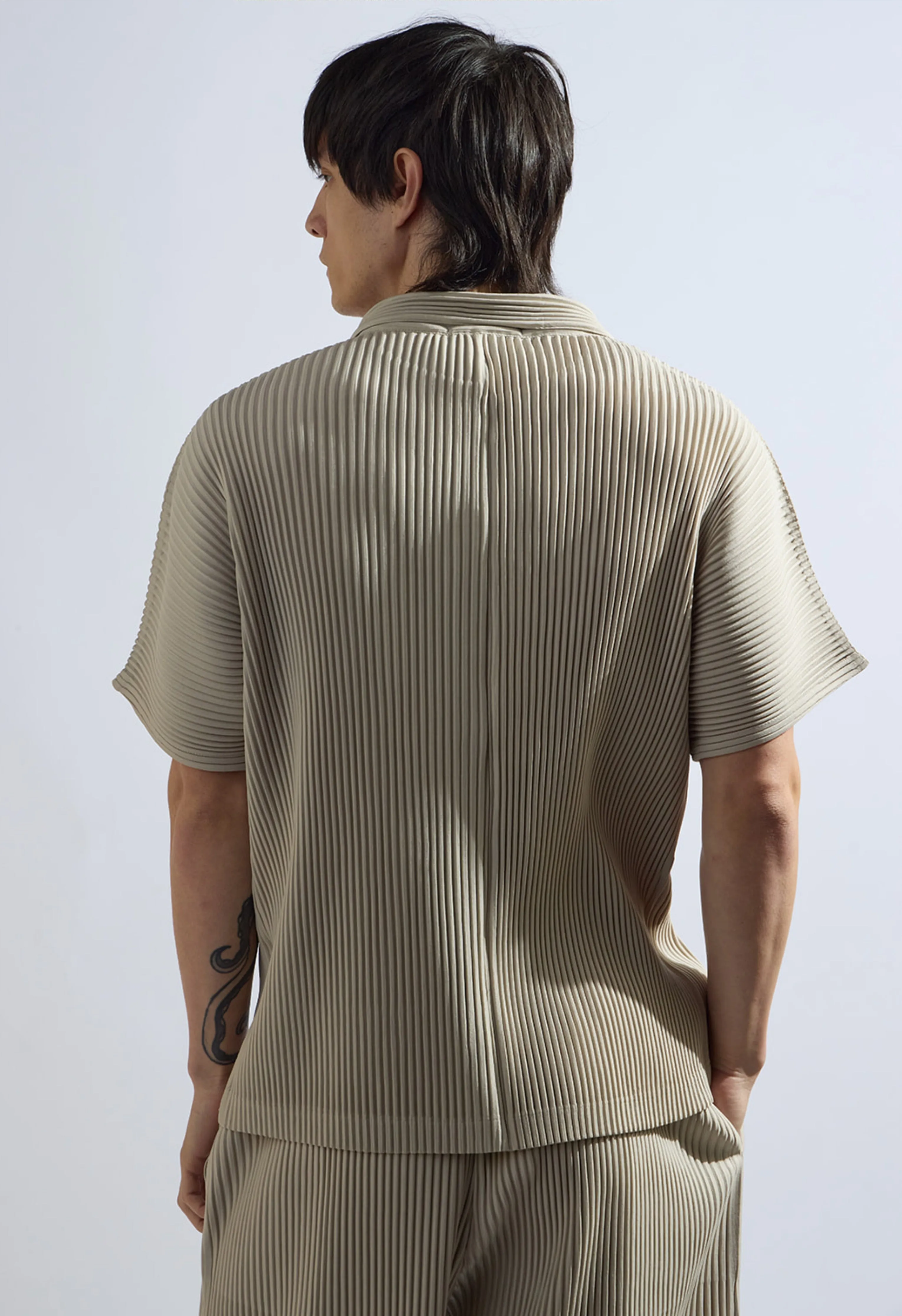 Pleated Short Sleeve Button Down in Beige