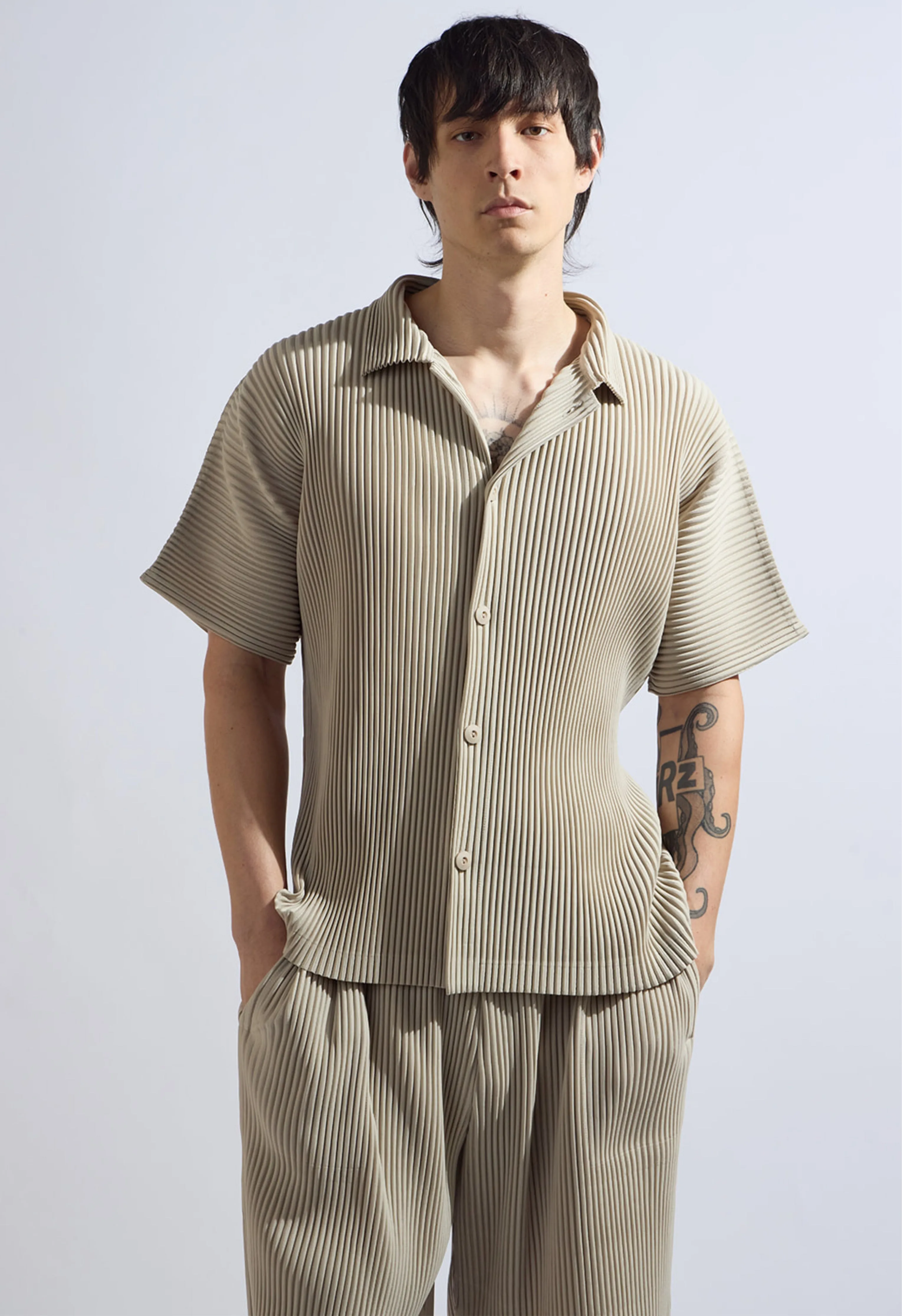 Pleated Short Sleeve Button Down in Beige