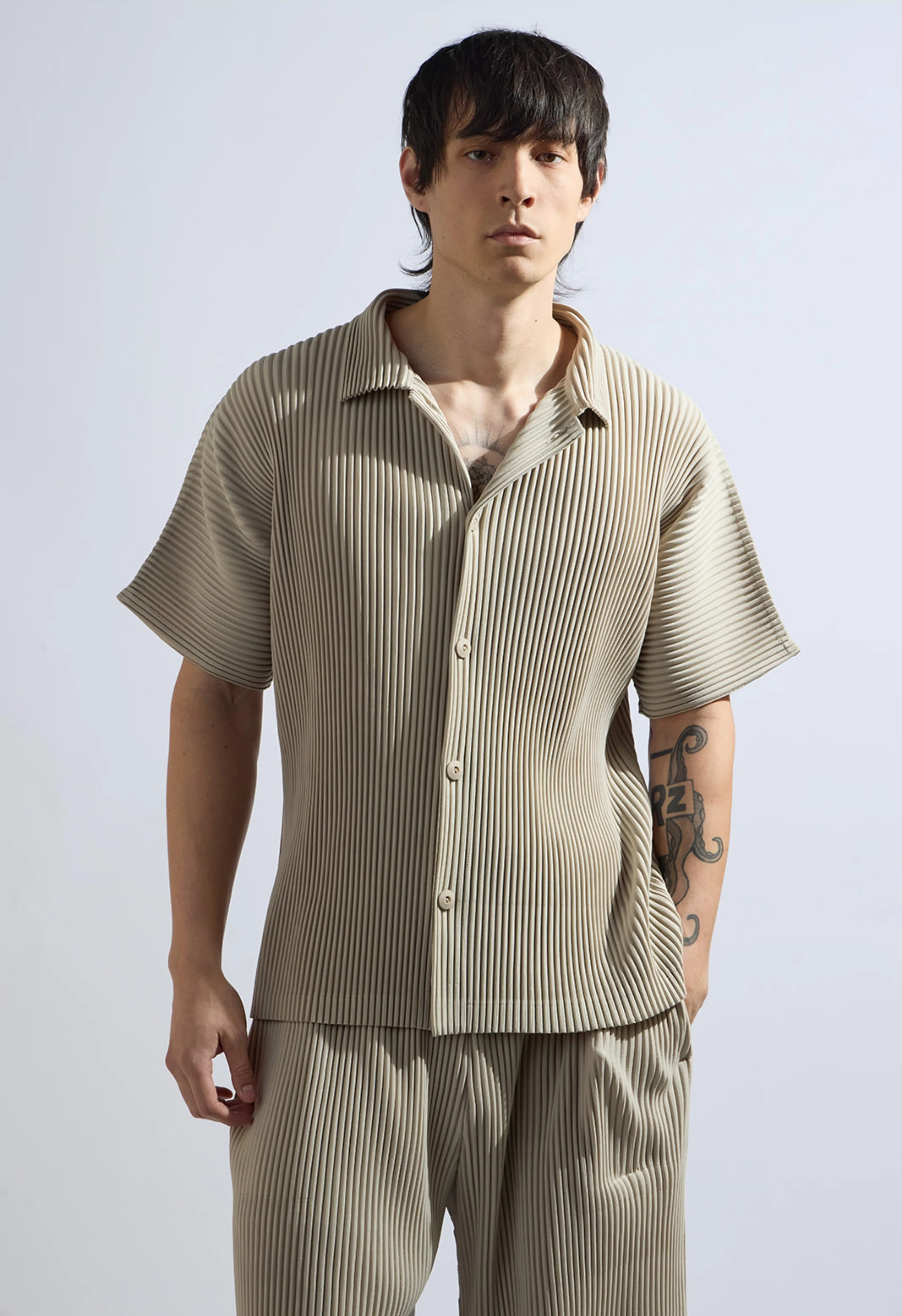 Pleated Short Sleeve Button Down in Beige