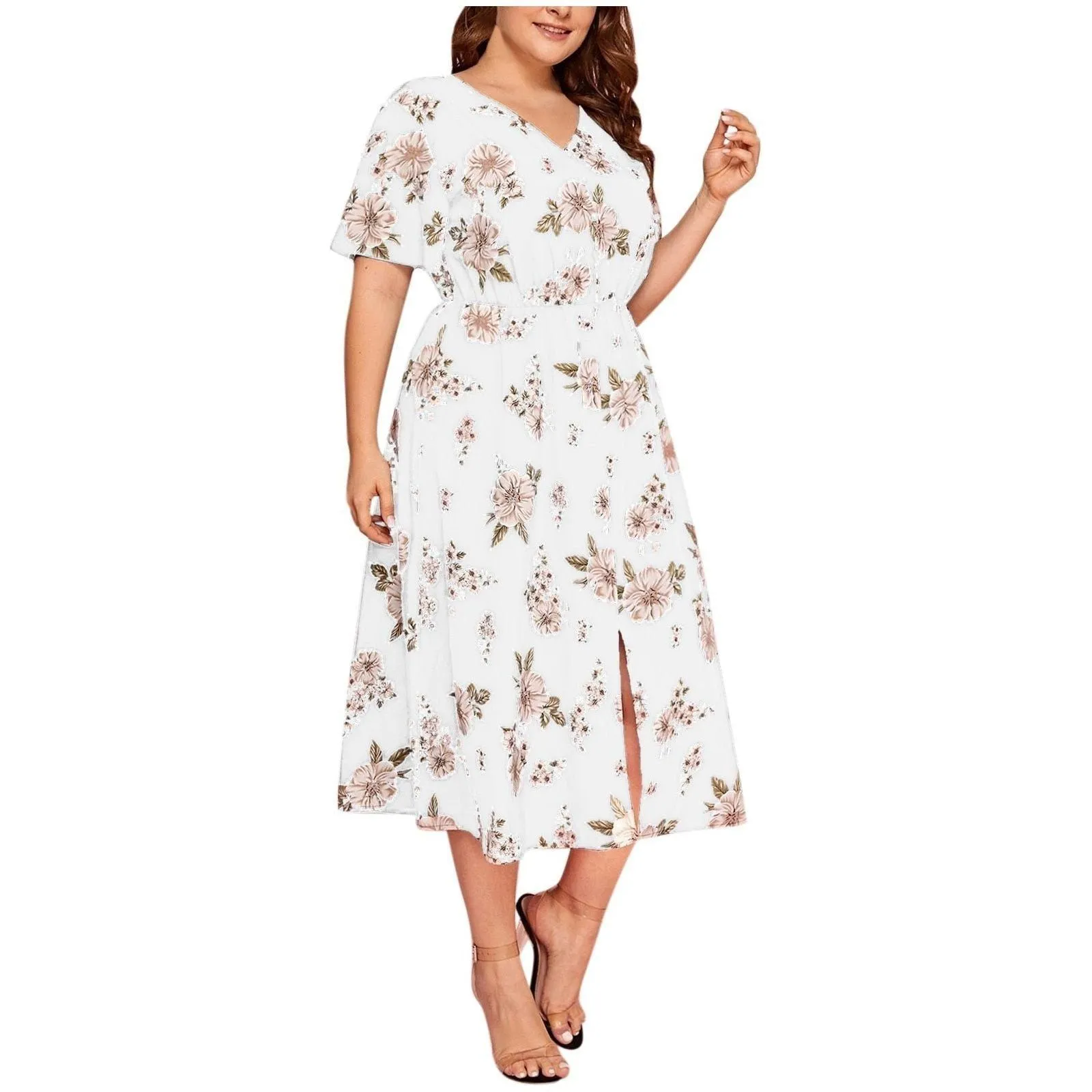 Plus Size Dresses Women Boho Beach Flower Print Midi Dress High Split Casual Dress Plus Size Women's Clothing