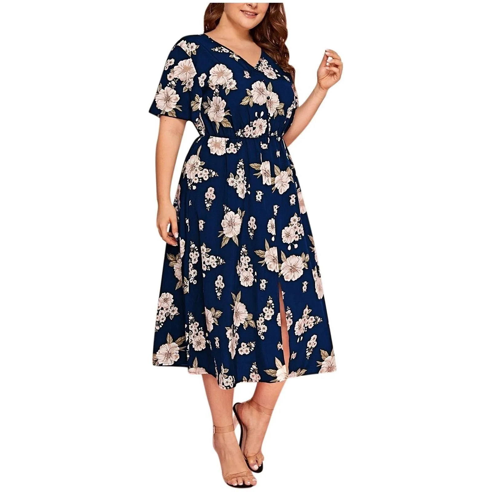 Plus Size Dresses Women Boho Beach Flower Print Midi Dress High Split Casual Dress Plus Size Women's Clothing