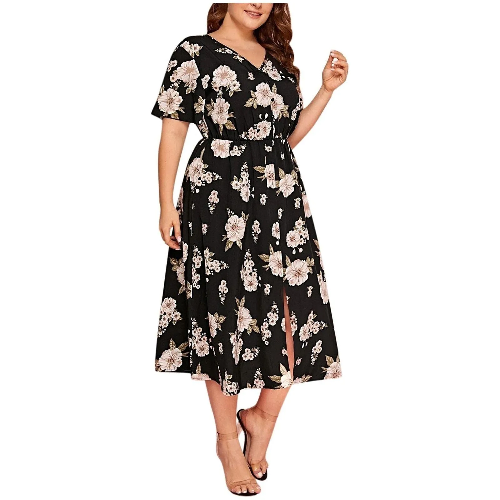Plus Size Dresses Women Boho Beach Flower Print Midi Dress High Split Casual Dress Plus Size Women's Clothing