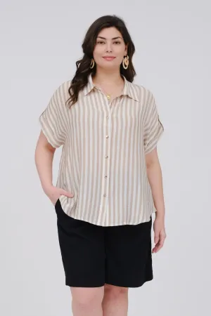 PLUS STRIPE SHORT TAB SLEEVE BUTTON DOWN