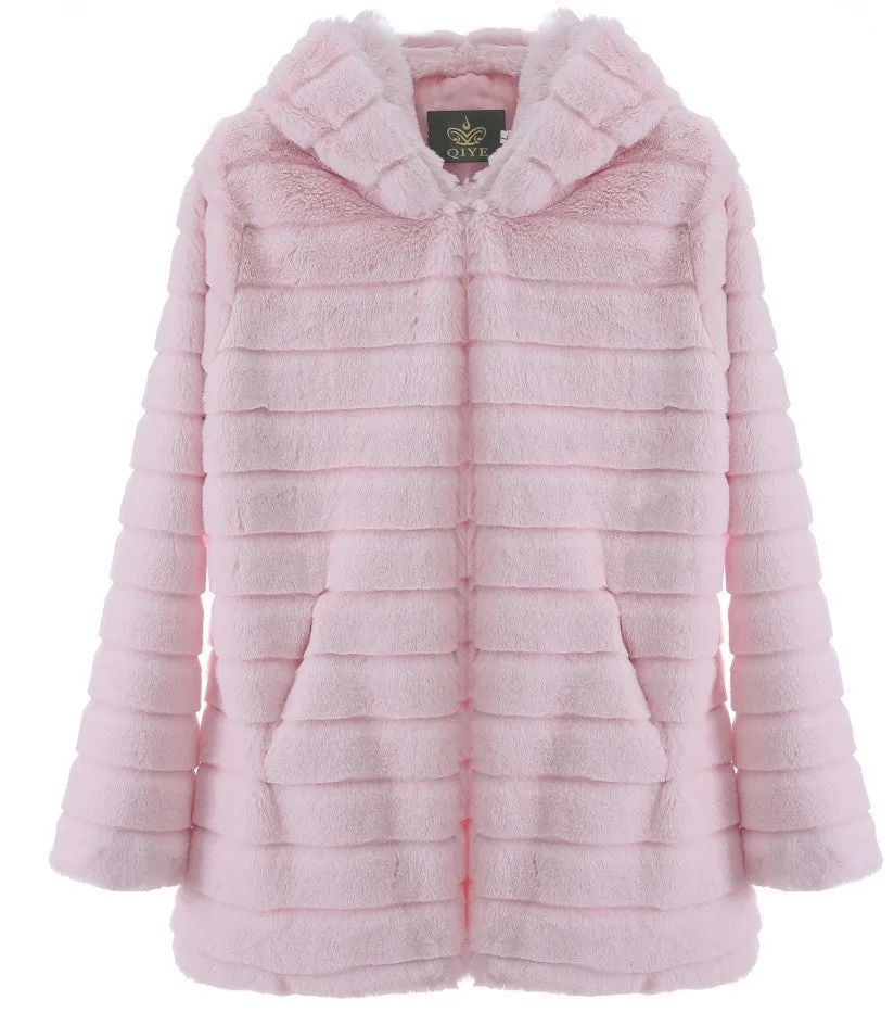 Plush padded hooded lady mink short fur coat
