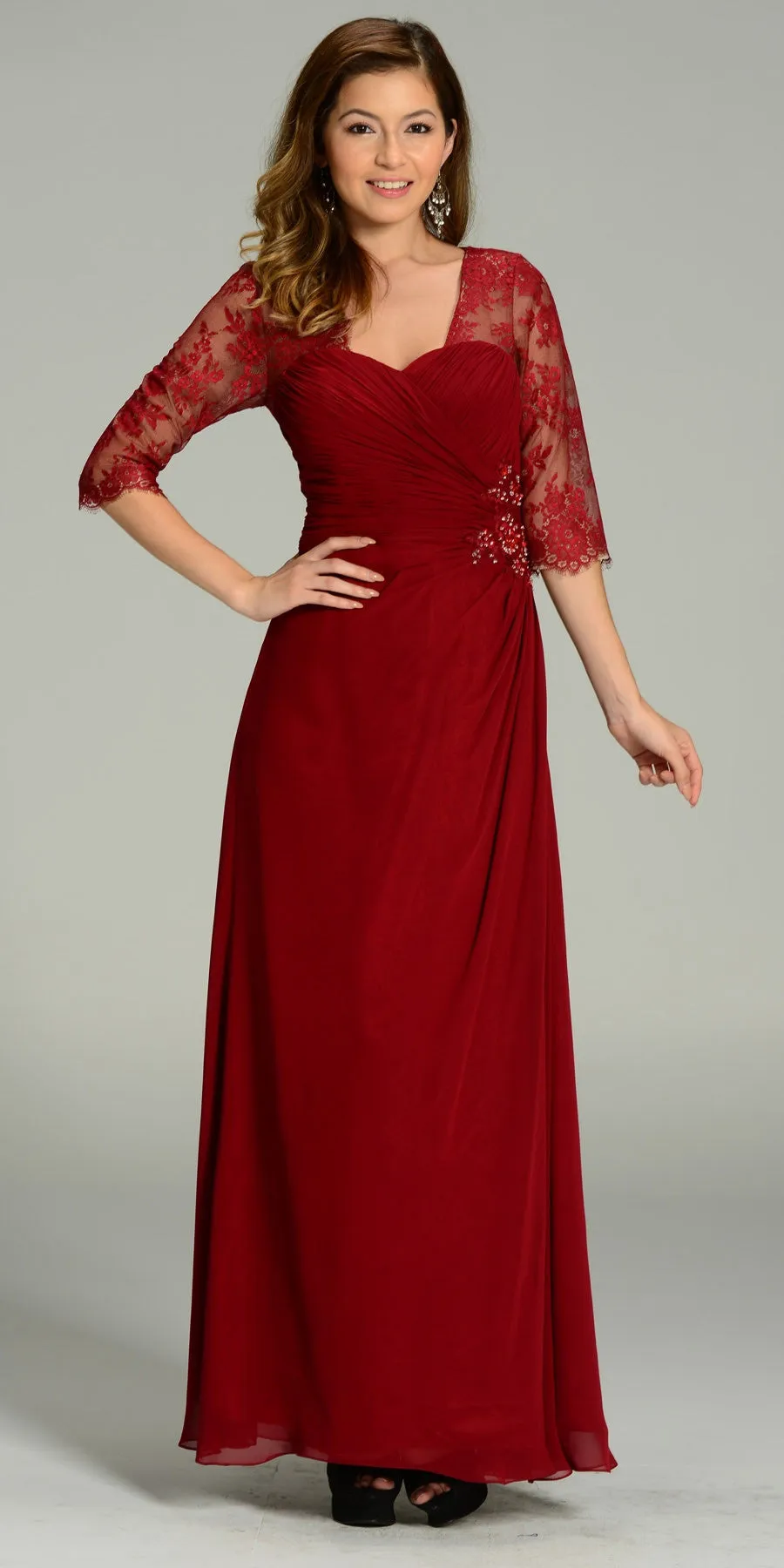 Poly USA 7210 Chiffon/Lace Dress Mid Length Lace Sleeves