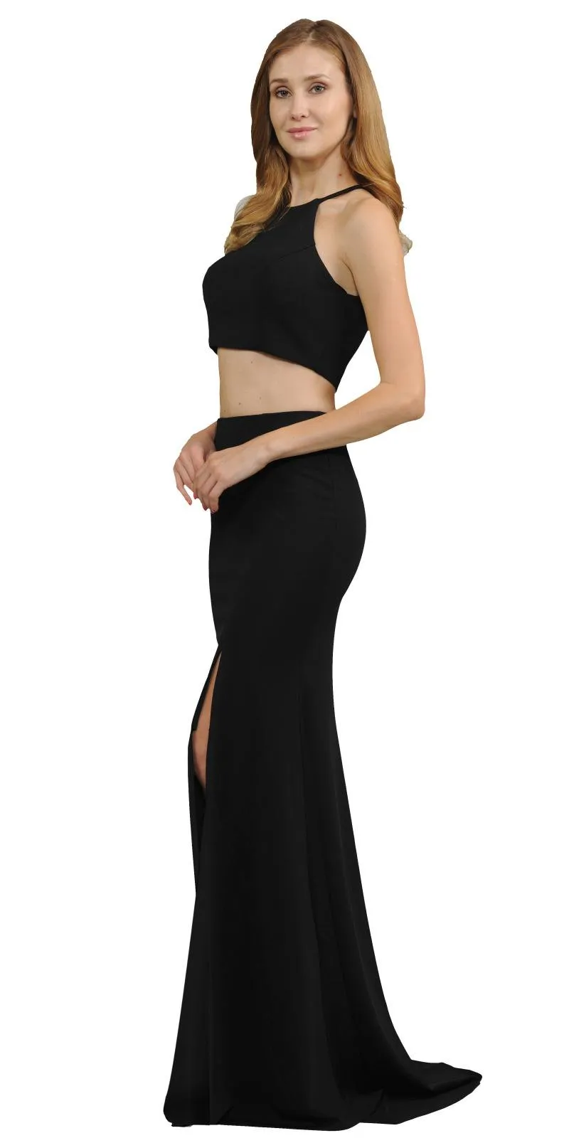 Poly USA 8126 Halter Two-Piece Long Dress with Slit