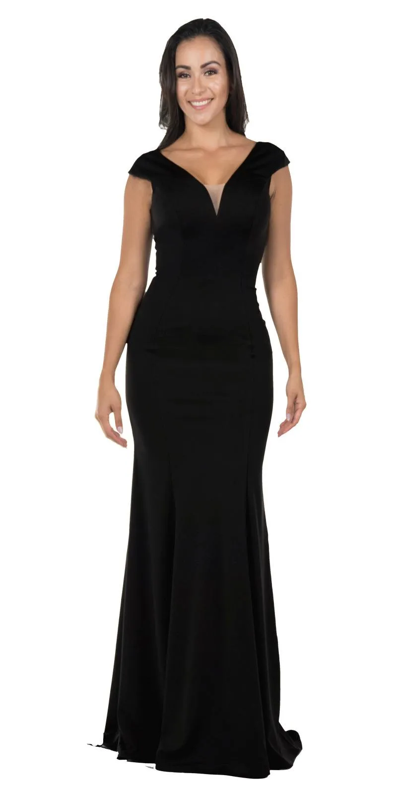 Poly USA 8290 Cap Sleeved Long Jersey Dress V-Neck and Back