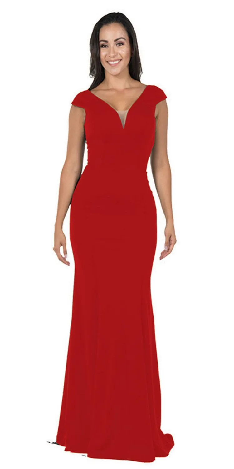 Poly USA 8290 Cap Sleeved Long Jersey Dress V-Neck and Back