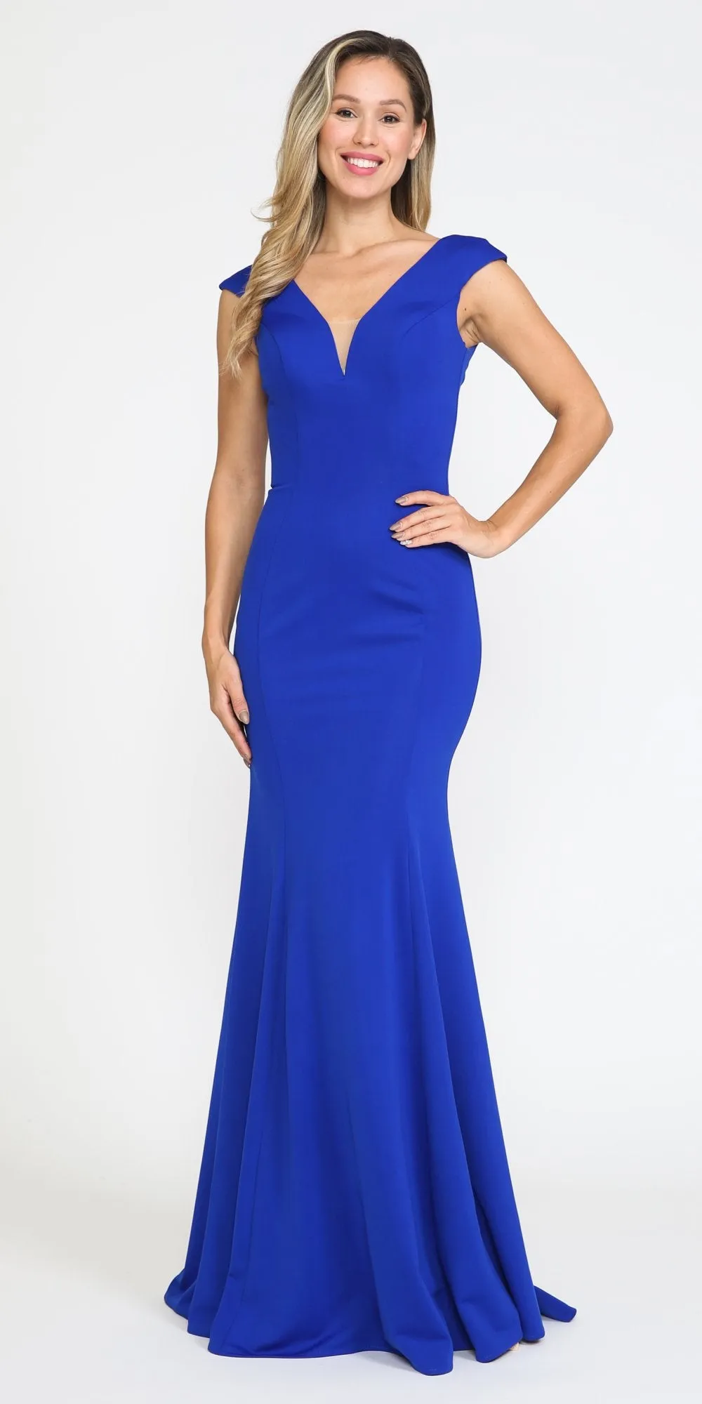 Poly USA 8290 Cap Sleeved Long Jersey Dress V-Neck and Back