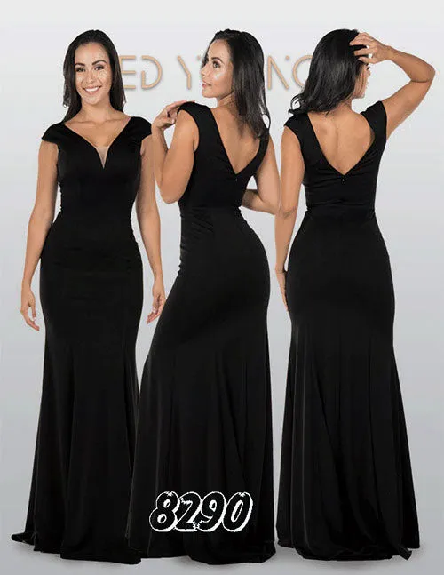 Poly USA 8290 Cap Sleeved Long Jersey Dress V-Neck and Back
