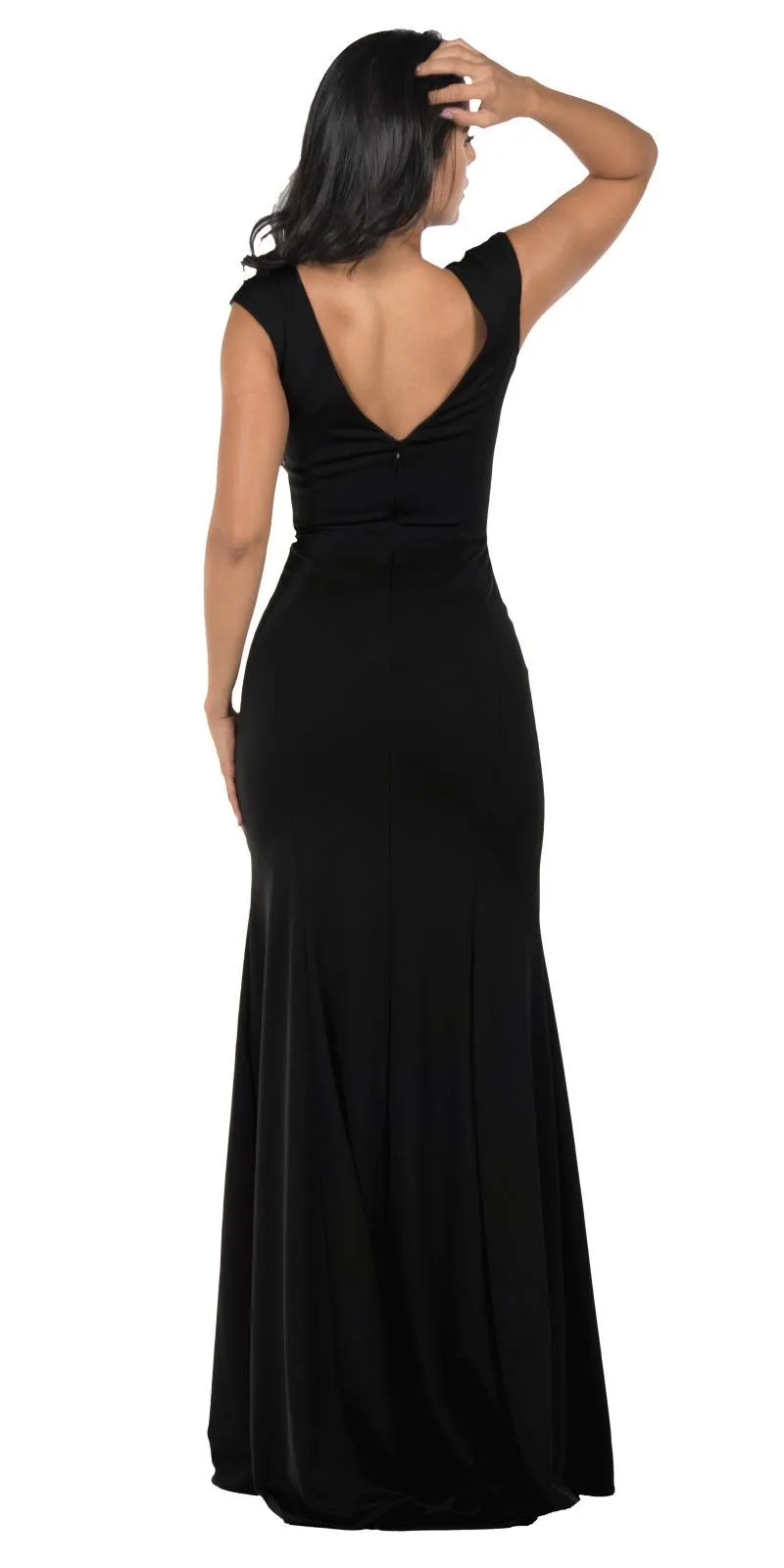 Poly USA 8290 Cap Sleeved Long Jersey Dress V-Neck and Back