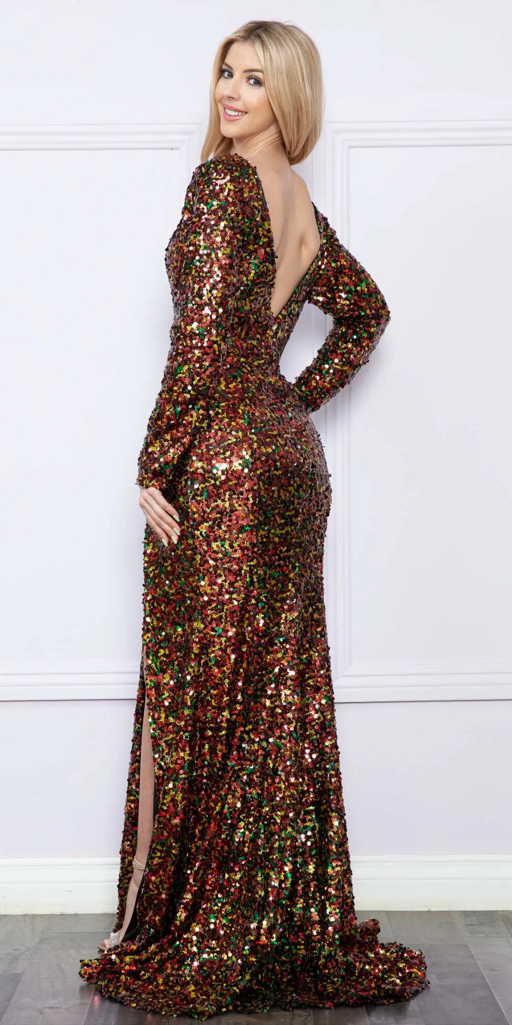 Poly USA 9010 Floor Length Fitted Long Sleeve Sequin Gown with Slit