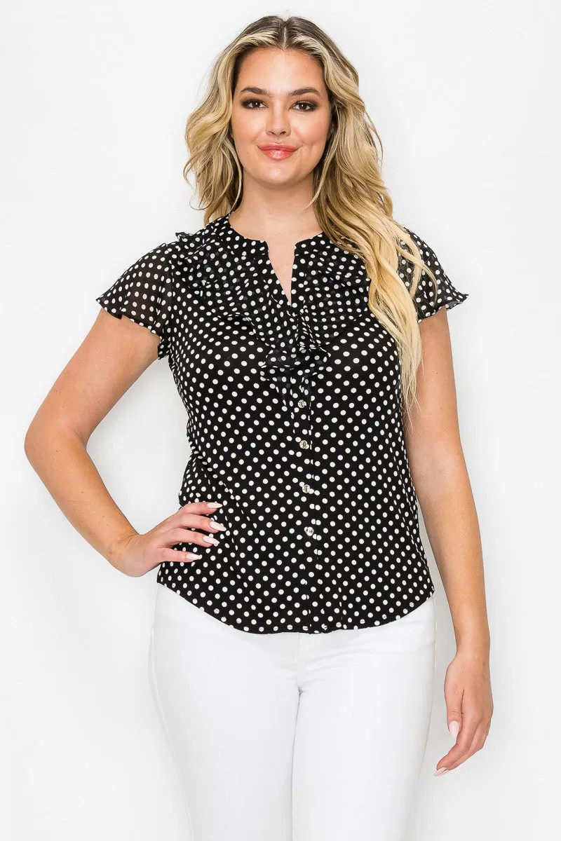 Printed Ruffle Neck Button Down Mix Media Shirt