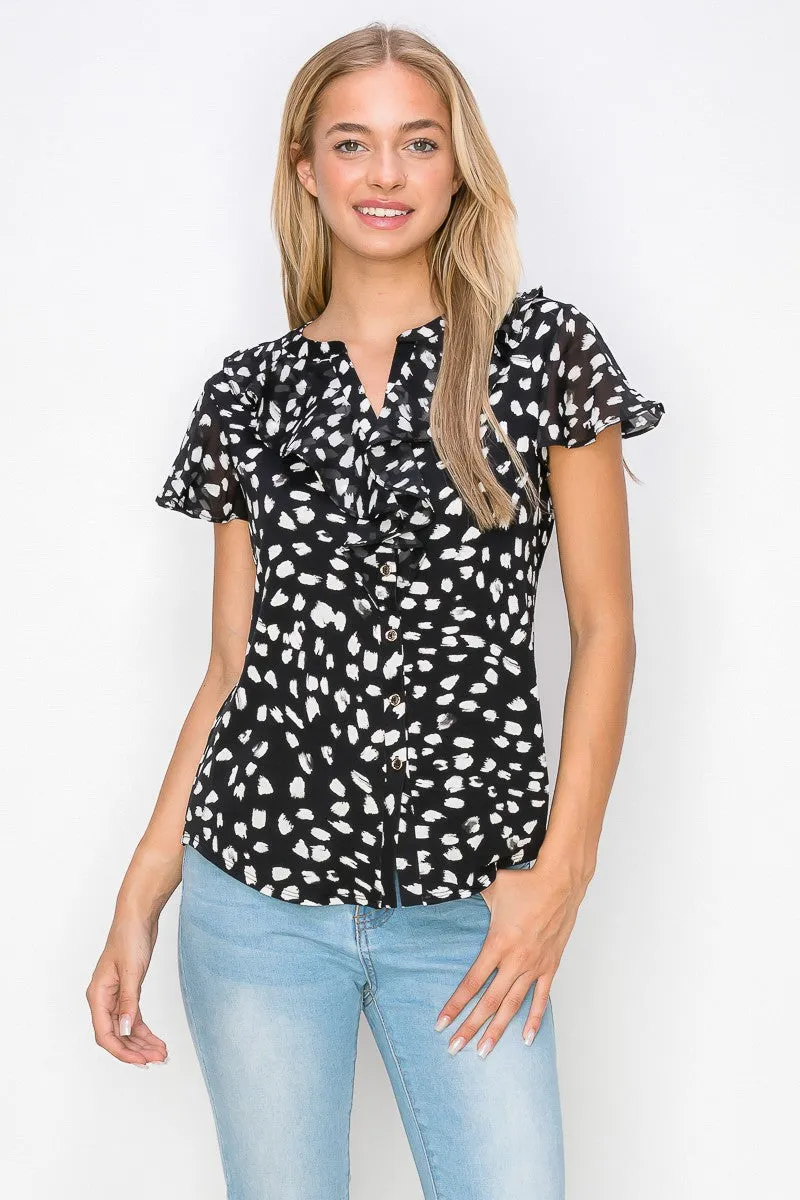 Printed Ruffle Neck Button Down Mix Media Shirt