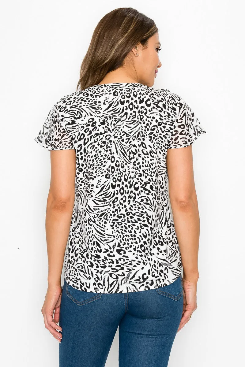 Printed Ruffle Neck Button Down Mix Media Shirt
