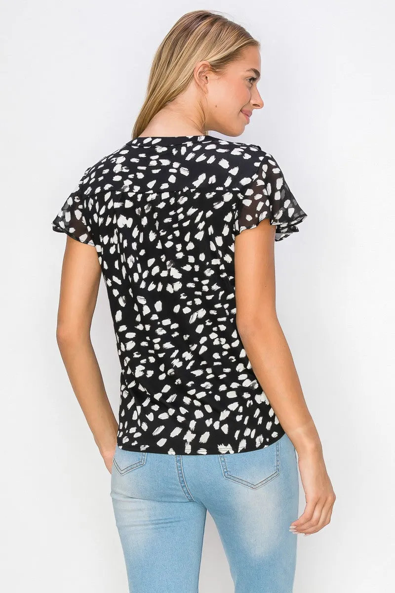 Printed Ruffle Neck Button Down Mix Media Shirt