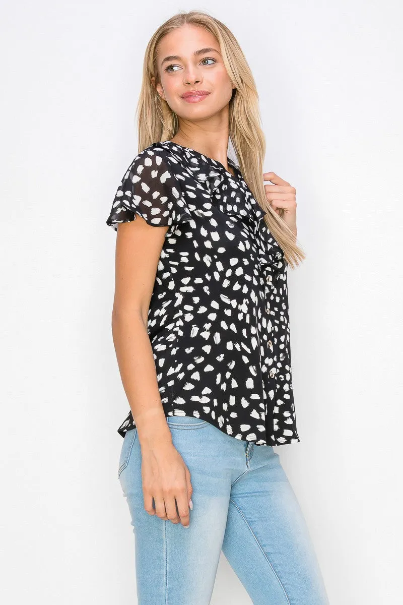 Printed Ruffle Neck Button Down Mix Media Shirt