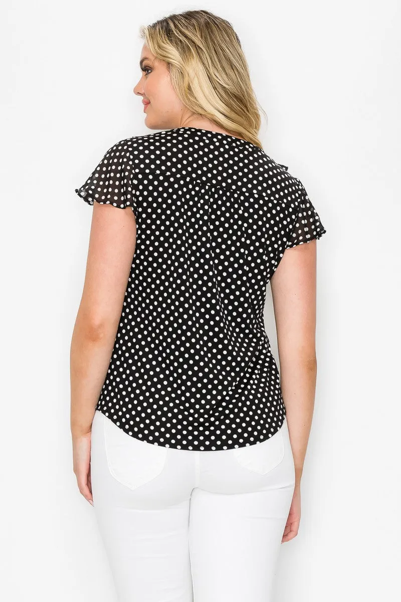 Printed Ruffle Neck Button Down Mix Media Shirt