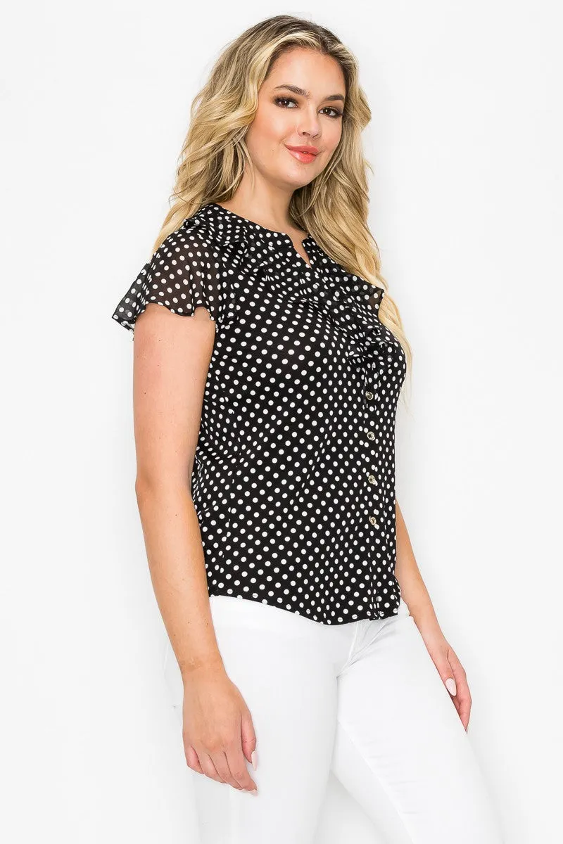 Printed Ruffle Neck Button Down Mix Media Shirt