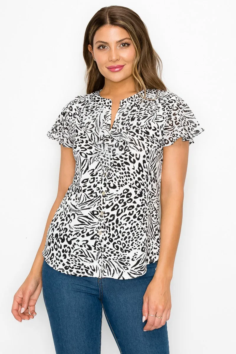 Printed Ruffle Neck Button Down Mix Media Shirt