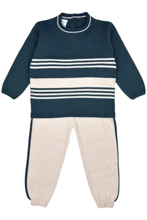 "Joseph" Petrol Blue & Stone Striped Knit Tracksuit