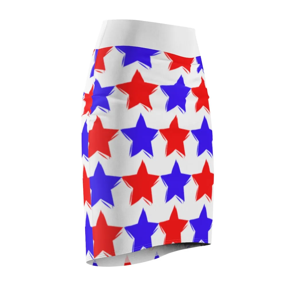 "Red and Blue Stars."  Women's Pencil Skirt