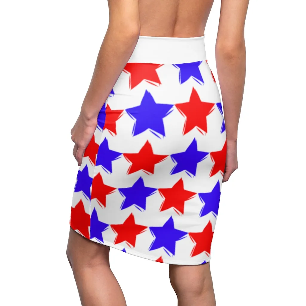 "Red and Blue Stars."  Women's Pencil Skirt