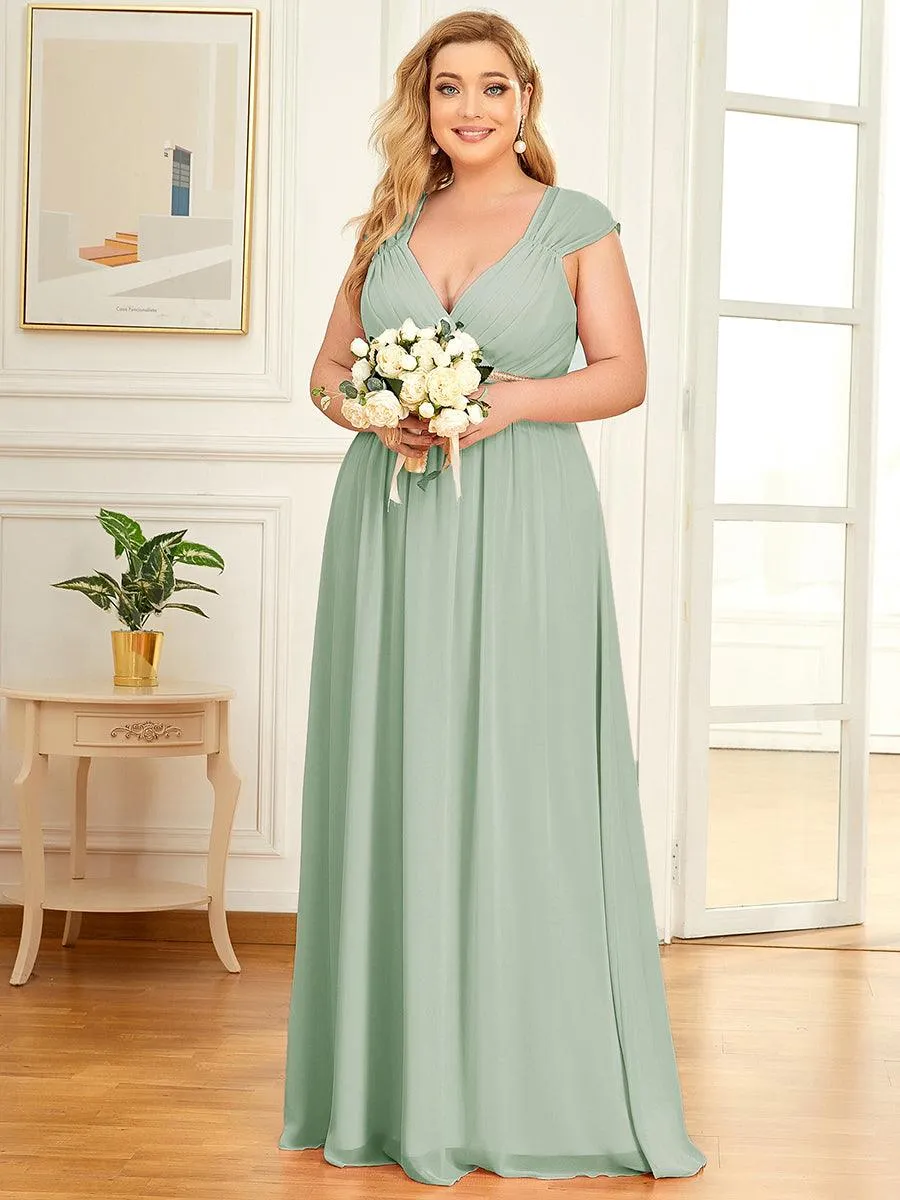Robe de Soirée A-ligne en Mousseline de Soie avec Ceinture Perlée et Col en V de Grande Taille