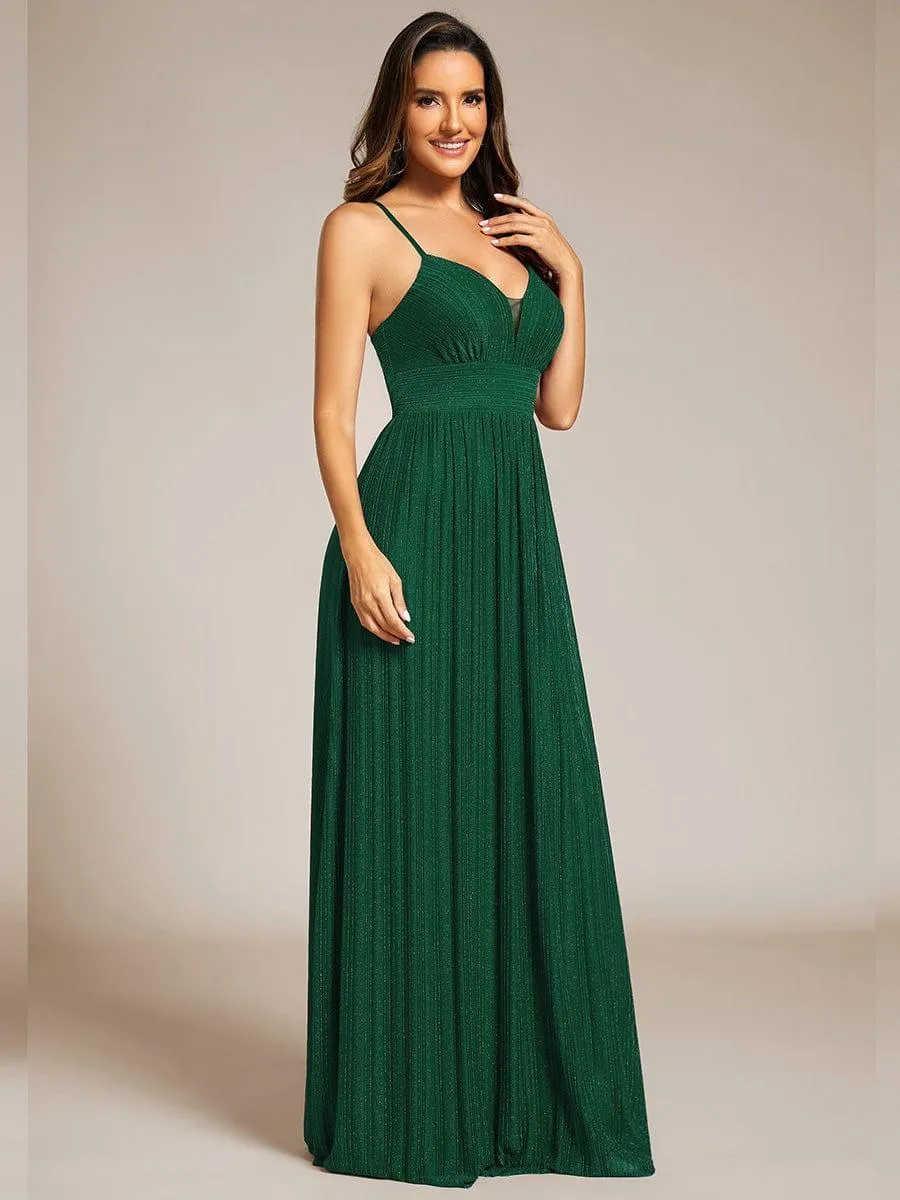 Robe de soirée formelle dos nu à bretelles spaghetti pailletées et col en V