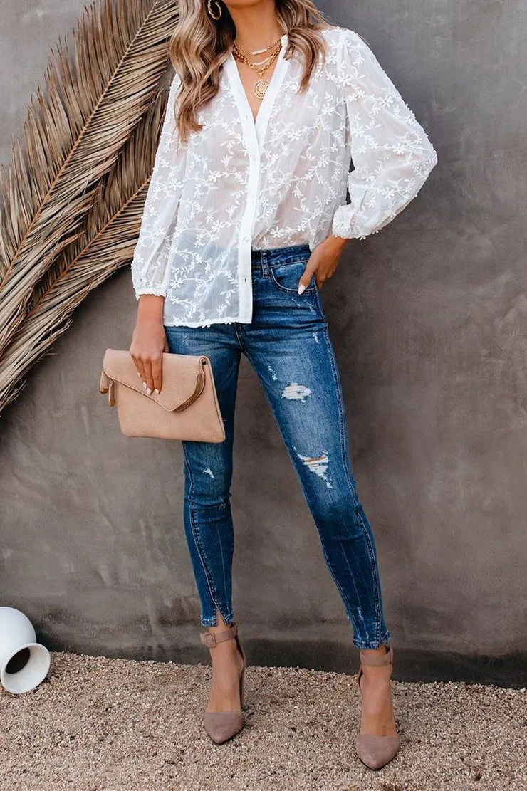 Rooney Sheer Button Down Applique Blouse