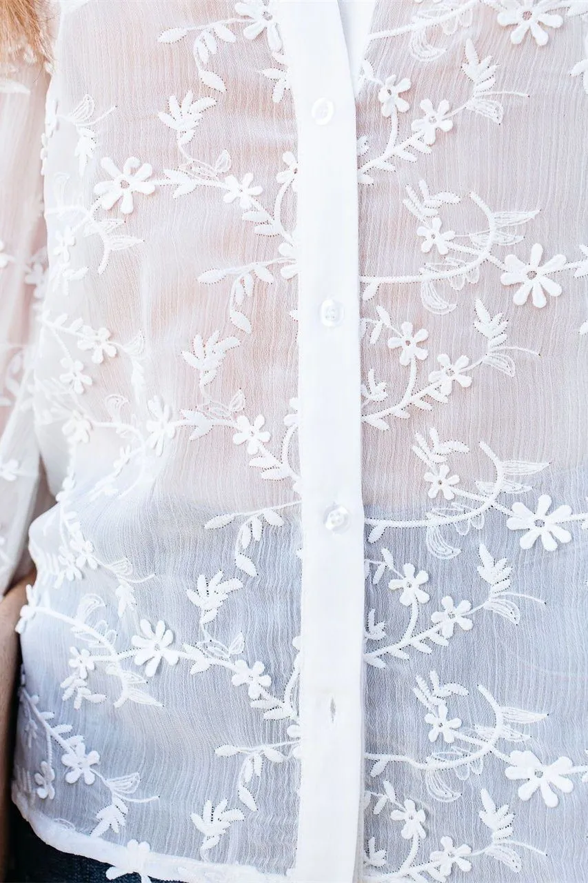 Rooney Sheer Button Down Applique Blouse