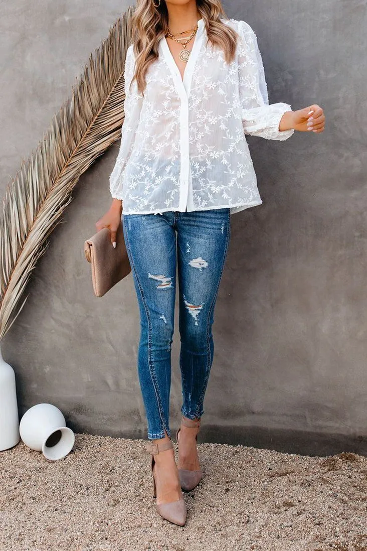 Rooney Sheer Button Down Applique Blouse