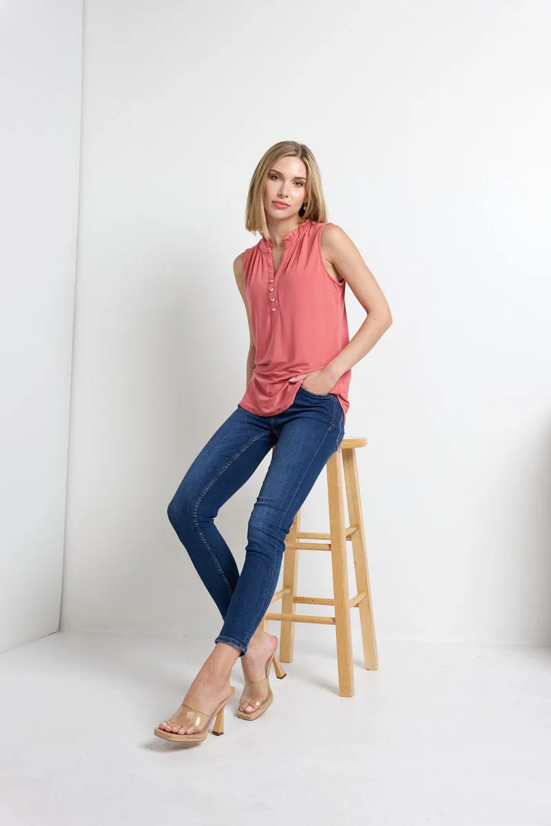 RUFFLE NECK MANDARIN COLLAR SLEEVELESS SHIRT
