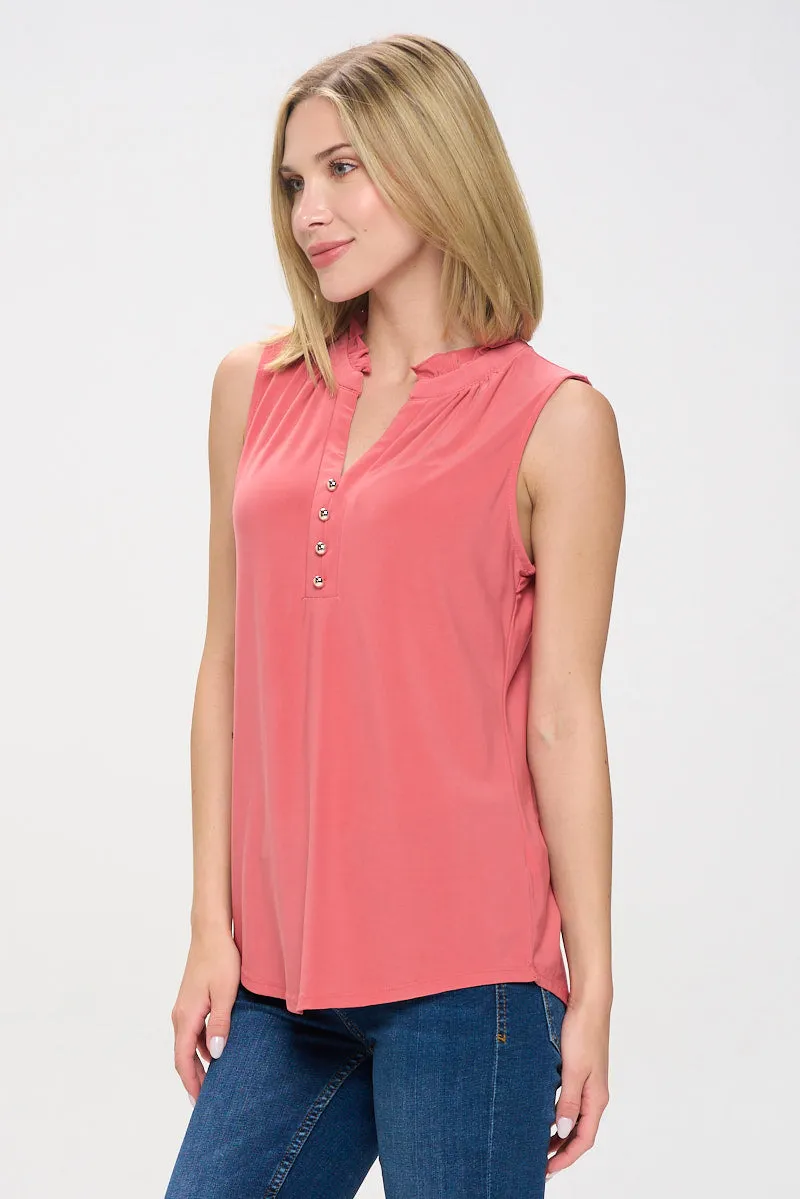 RUFFLE NECK MANDARIN COLLAR SLEEVELESS SHIRT