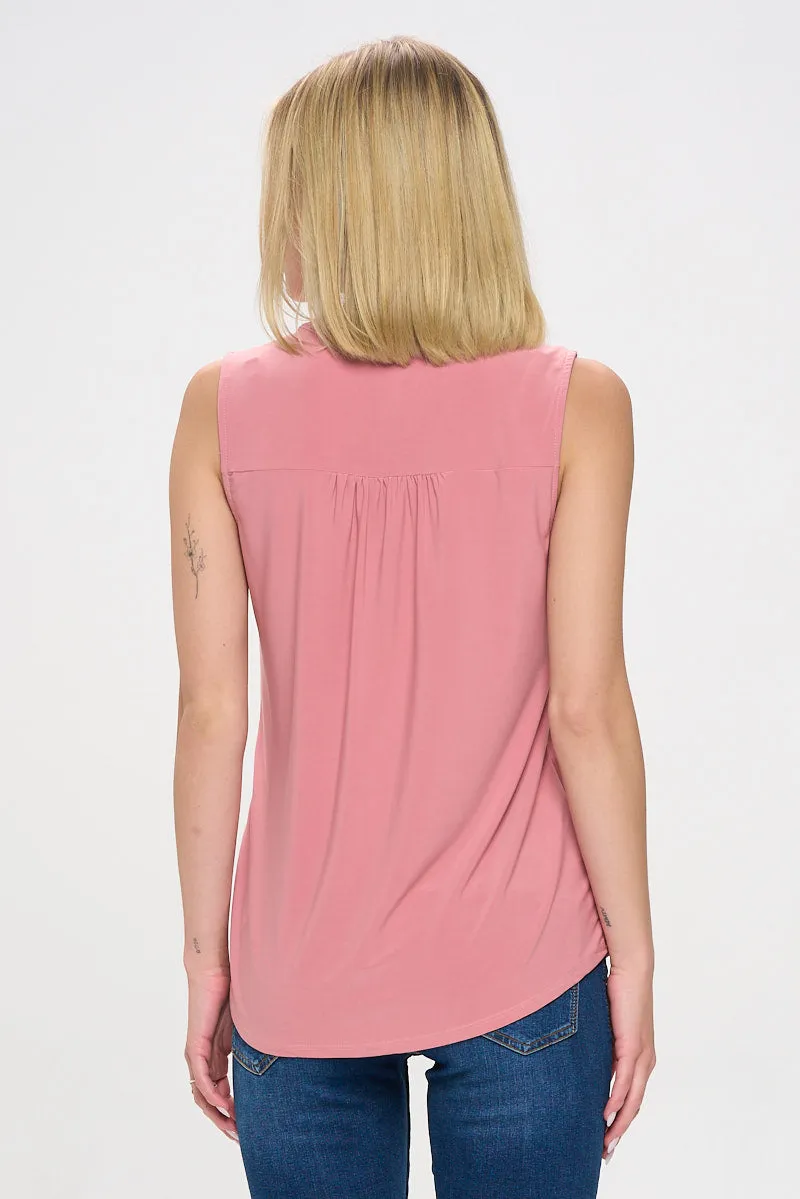 RUFFLE NECK MANDARIN COLLAR SLEEVELESS SHIRT