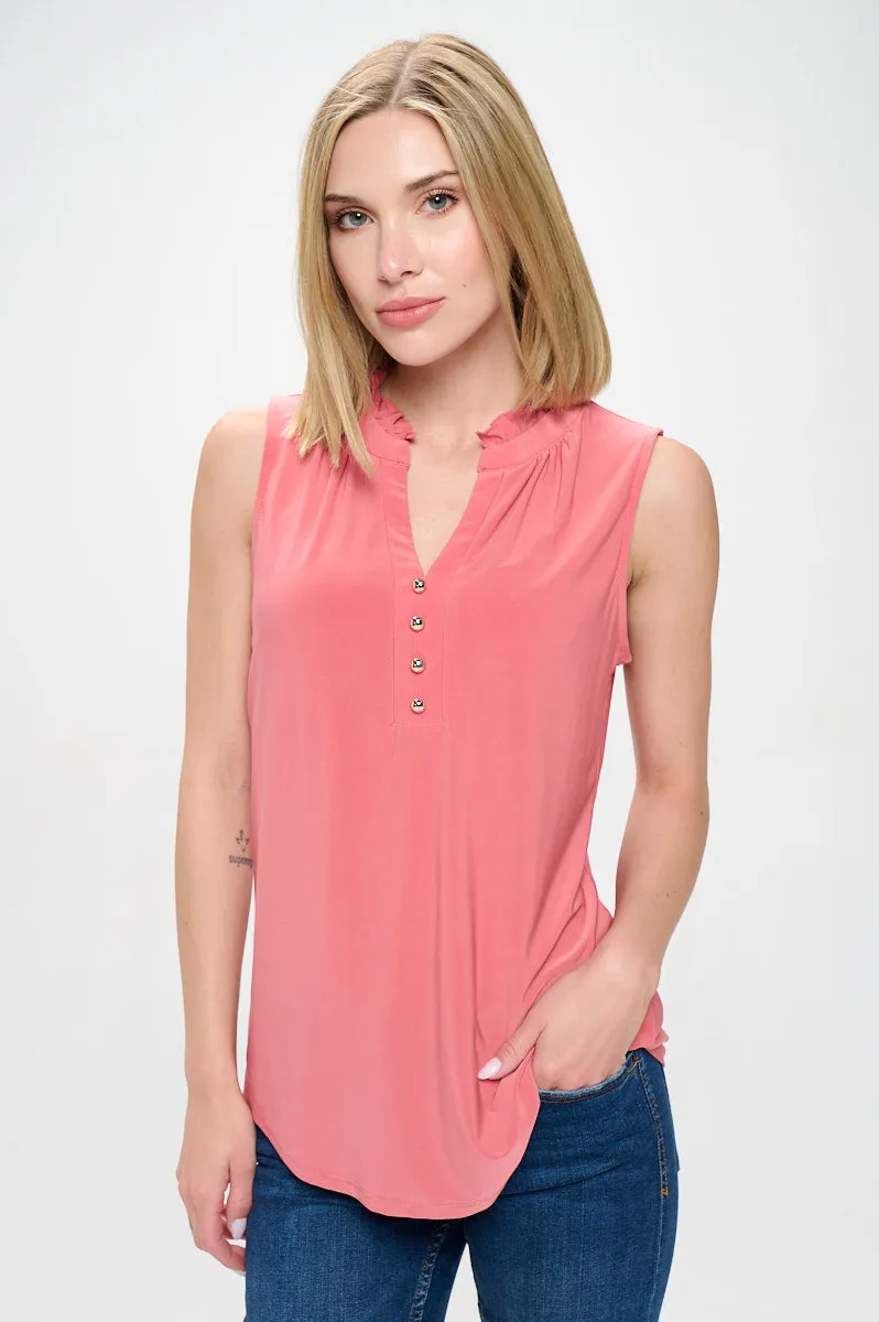 RUFFLE NECK MANDARIN COLLAR SLEEVELESS SHIRT