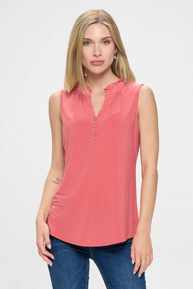 RUFFLE NECK MANDARIN COLLAR SLEEVELESS SHIRT