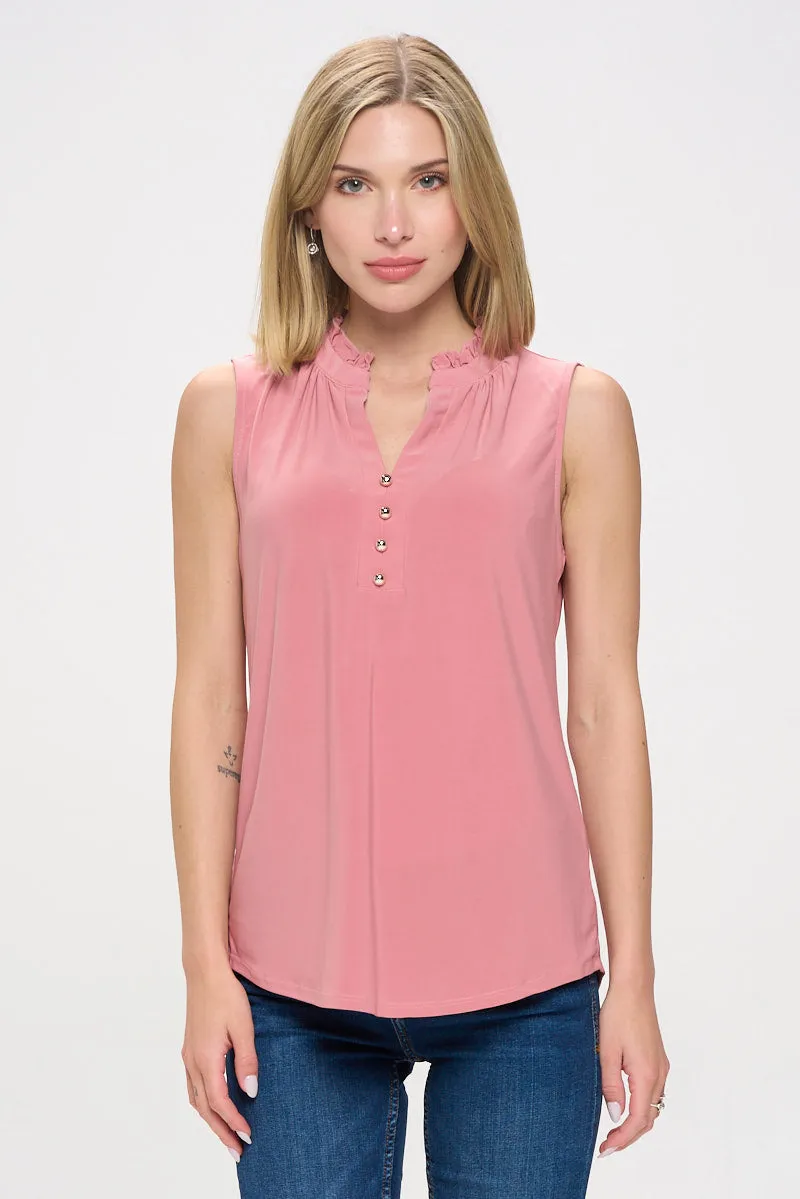 RUFFLE NECK MANDARIN COLLAR SLEEVELESS SHIRT