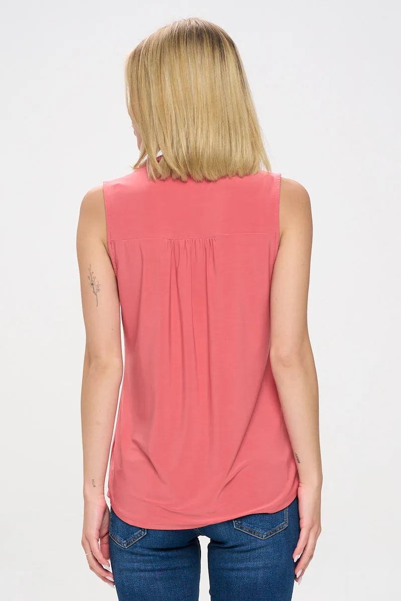 RUFFLE NECK MANDARIN COLLAR SLEEVELESS SHIRT