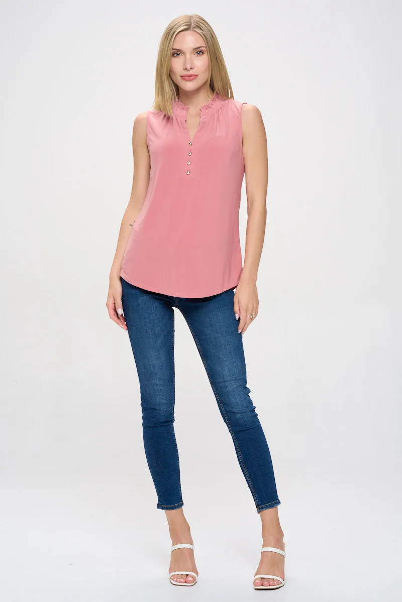 RUFFLE NECK MANDARIN COLLAR SLEEVELESS SHIRT