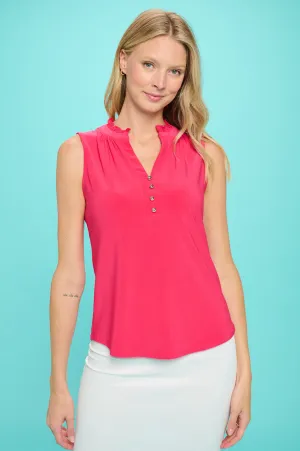 RUFFLE NECK MANDARIN COLLAR SLEEVELESS SHIRT