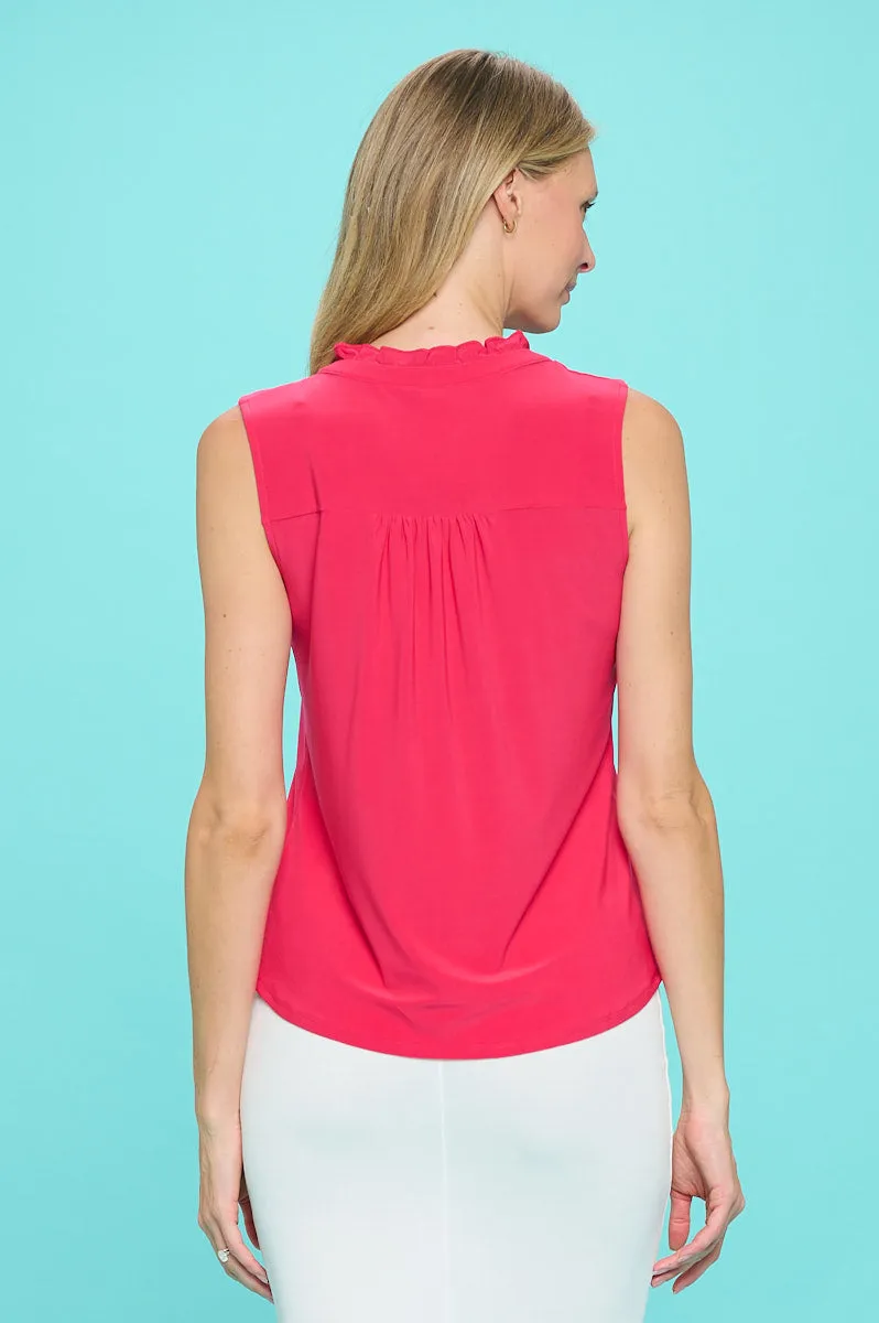 RUFFLE NECK MANDARIN COLLAR SLEEVELESS SHIRT