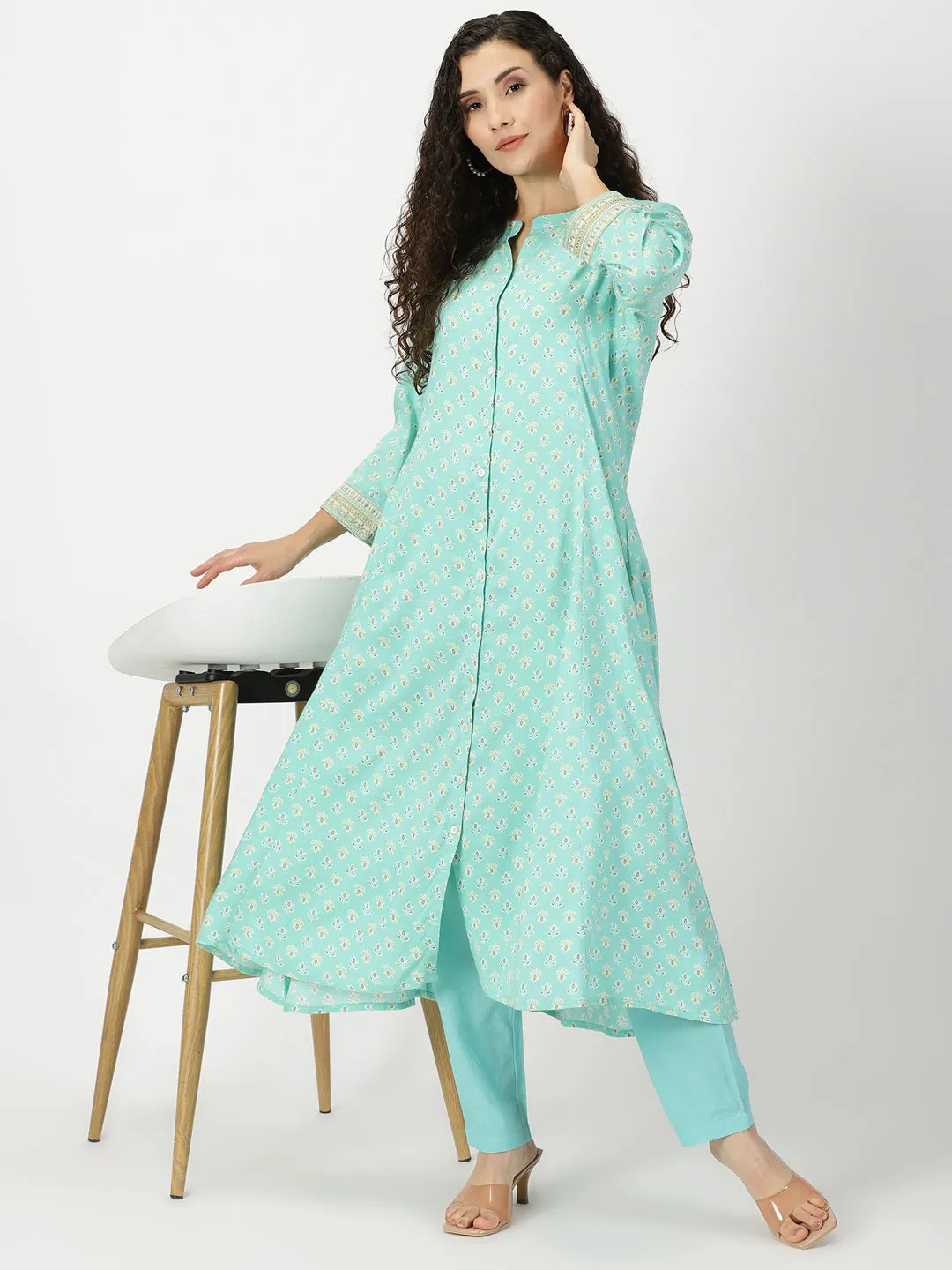 Sea Green Straight Fit Cotton Trouser